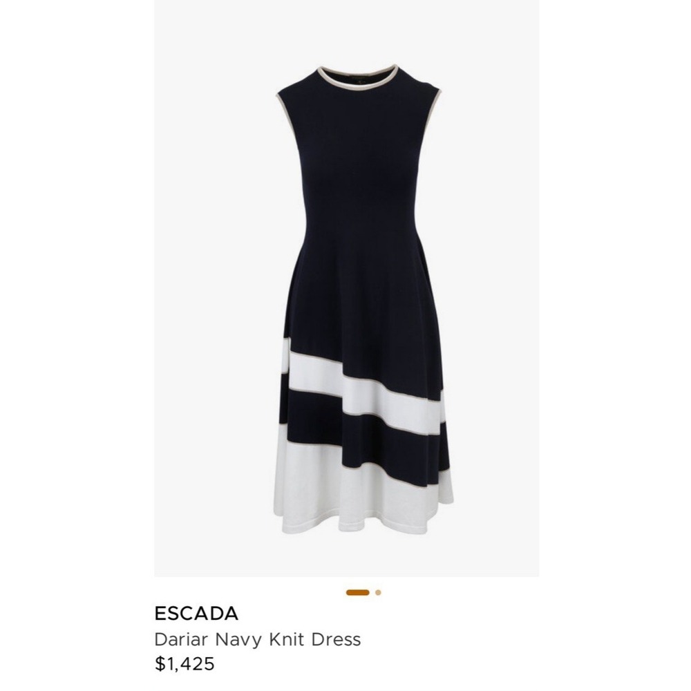 ESCDA Dariar Navy Knit Dress Jewel Neckline Made In Italy Contrast Trim Women M